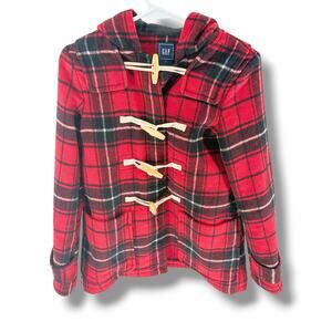Gap Duffle Coat Womens Small Red Plaid Wool Hooded Toggle Tartan Ivy League